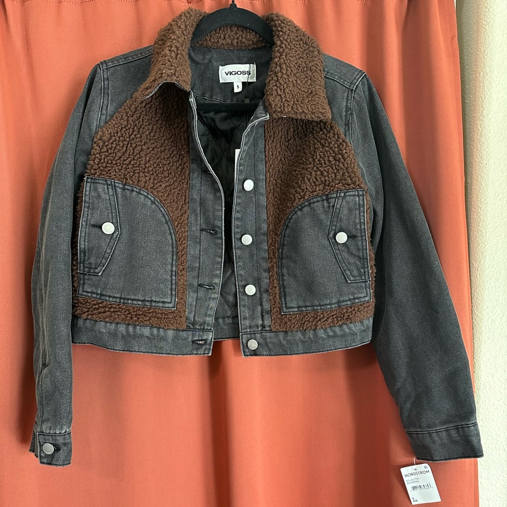 NWT Vigoss Charcoal and Chocolate Fleece Denim Jacket Womens Size Small